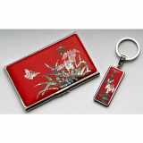Card Holder and Key Ring Set with Mother of Pearl Orchid